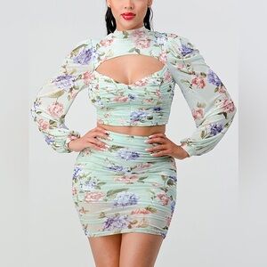 Floral Cutout Long Sleeve Crop Top and Skirt Set